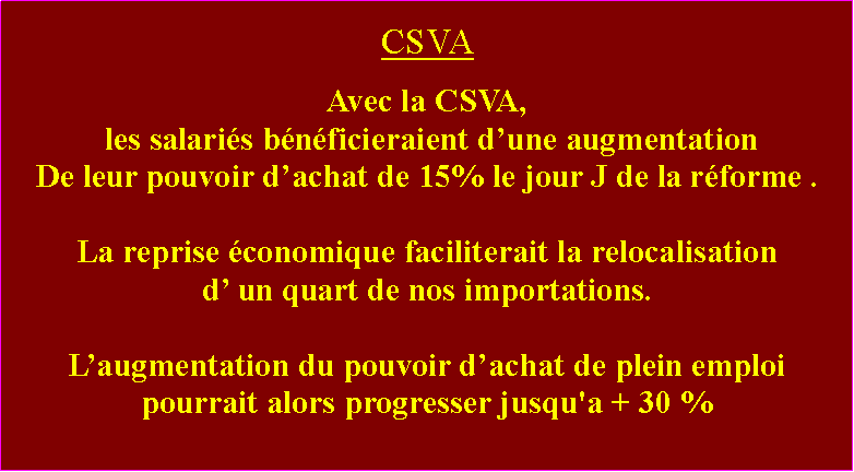 Zone de Texte: CSVAAvec la CSVA, les salaris bnficieraient dune augmentation De leur pouvoir dachat de 15% le jour J de la rforme .La reprise conomique faciliterait la relocalisationd un quart de nos importations. Laugmentation du pouvoir dachat de plein emploipourrait alors progresser jusqu'a + 30 %