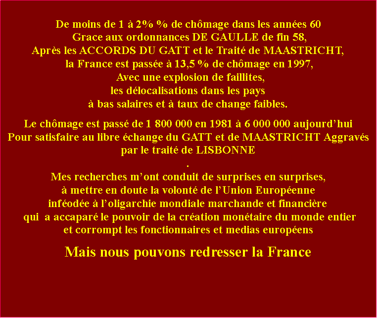 Zone de Texte: De moins de 1  2% % de chmage dans les annes 60 Grace aux ordonnances DE GAULLE de fin 58, Aprs les ACCORDS DU GATT et le Trait de MAASTRICHT, la France est passe  13,5 % de chmage en 1997,  Avec une explosion de faillites, les dlocalisations dans les pays  bas salaires et  taux de change faibles.Le chmage est pass de 1 800 000 en 1981  6 000 000 aujourdhui Pour satisfaire au libre change du GATT et de MAASTRICHT Aggravs par le trait de LISBONNE . Mes recherches mont conduit de surprises en surprises,  mettre en doute la volont de lUnion Europenne infode  loligarchie mondiale marchande et financire qui  a accapar le pouvoir de la cration montaire du monde entieret corrompt les fonctionnaires et medias europensMais nous pouvons redresser la France