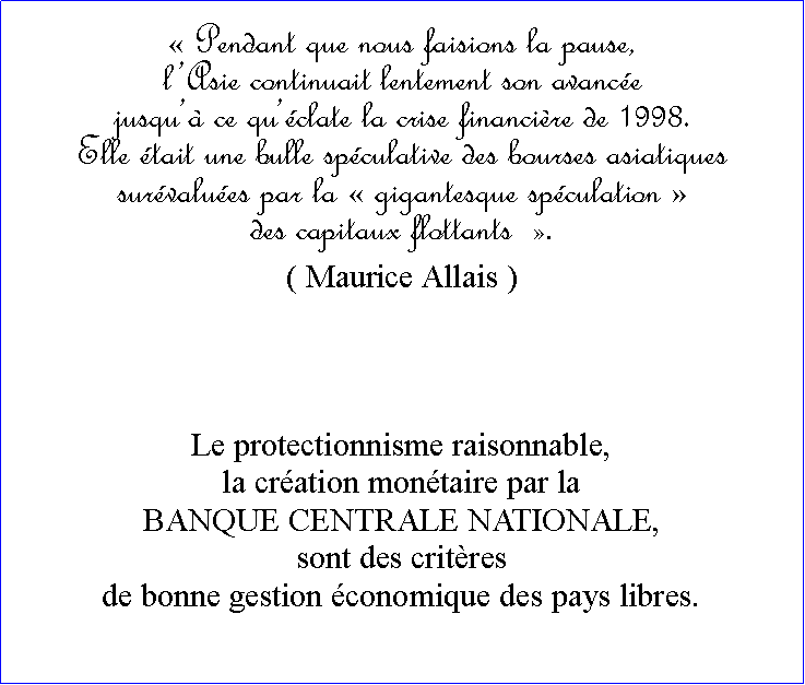 Zone de Texte:  Pendant que nous faisions la pause, lAsie continuait lentement son avance jusqu ce quclate la crise financire de 1998.Elle tait une bulle spculative des bourses asiatiques survalues par la  gigantesque spculation  des capitaux flottants  . ( Maurice Allais ) Le protectionnisme raisonnable, la cration montaire par la BANQUE CENTRALE NATIONALE,sont des critres de bonne gestion conomique des pays libres.