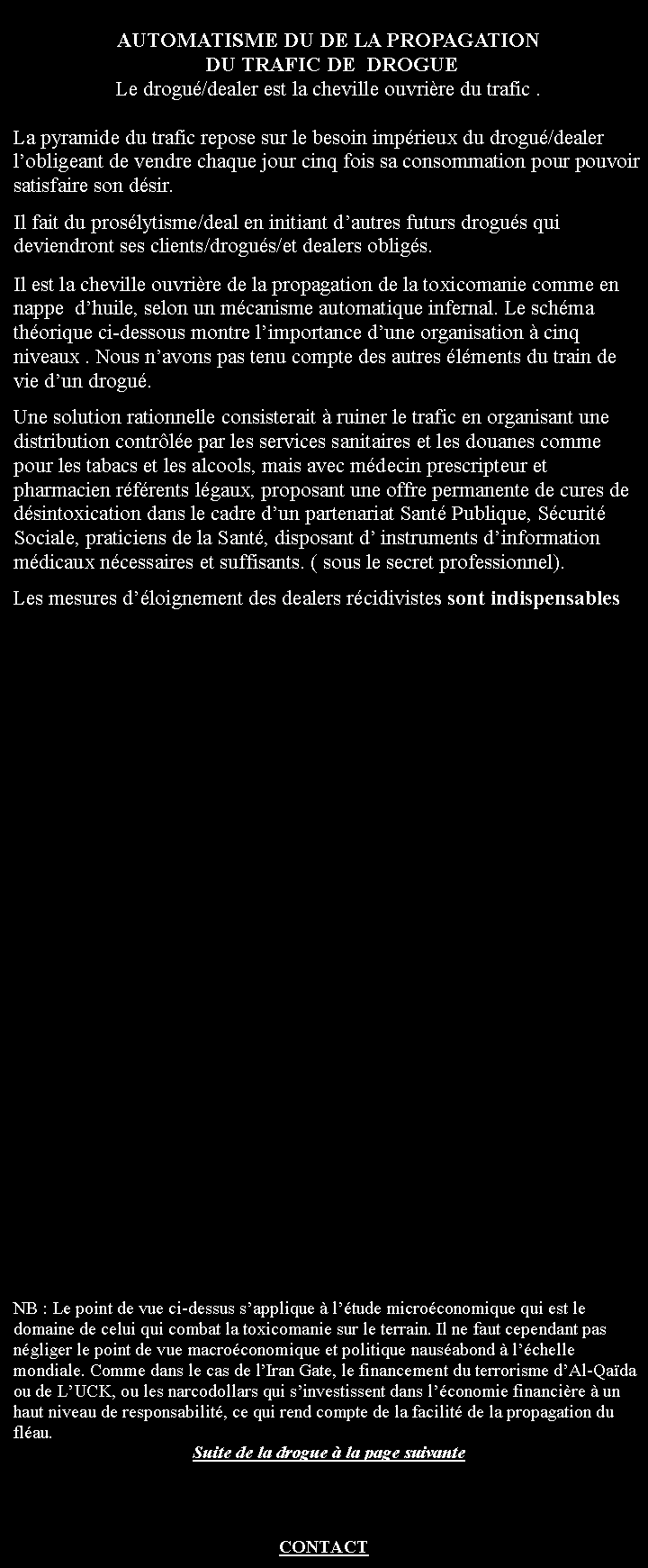 Zone de Texte: AUTOMATISME DU DE LA PROPAGATION DU TRAFIC DE  DROGUE Le drogu/dealer est la cheville ouvrire du trafic .La pyramide du trafic repose sur le besoin imprieux du drogu/dealer lobligeant de vendre chaque jour cinq fois sa consommation pour pouvoir satisfaire son dsir. Il fait du proslytisme/deal en initiant dautres futurs drogus qui  deviendront ses clients/drogus/et dealers obligs. Il est la cheville ouvrire de la propagation de la toxicomanie comme en nappe  dhuile, selon un mcanisme automatique infernal. Le schma  thorique ci-dessous montre limportance dune organisation  cinq niveaux . Nous navons pas tenu compte des autres lments du train de vie dun drogu. Une solution rationnelle consisterait  ruiner le trafic en organisant une distribution contrle par les services sanitaires et les douanes comme pour les tabacs et les alcools, mais avec mdecin prescripteur et pharmacien rfrents lgaux, proposant une offre permanente de cures de dsintoxication dans le cadre dun partenariat Sant Publique, Scurit Sociale, praticiens de la Sant, disposant d instruments dinformation mdicaux ncessaires et suffisants. ( sous le secret professionnel).Les mesures dloignement des dealers rcidivistes sont indispensablesNB : Le point de vue ci-dessus sapplique  ltude microconomique qui est le domaine de celui qui combat la toxicomanie sur le terrain. Il ne faut cependant pas ngliger le point de vue macroconomique et politique nausabond  lchelle mondiale. Comme dans le cas de lIran Gate, le financement du terrorisme dAl-Qada ou de LUCK, ou les narcodollars qui sinvestissent dans lconomie financire  un haut niveau de responsabilit, ce qui rend compte de la facilit de la propagation du flau. Suite de la drogue  la page suivanteCONTACT