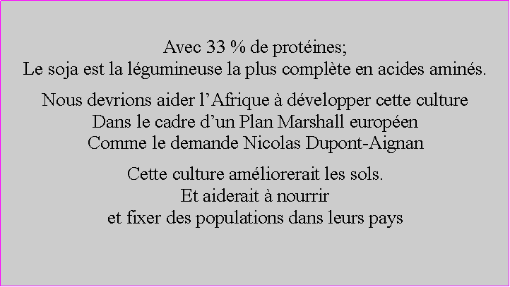Zone de Texte: Avec 33 % de protines;Le soja est la lgumineuse la plus complte en acides amins.Nous devrions aider lAfrique  dvelopper cette cultureDans le cadre dun Plan Marshall europenComme le demande Nicolas Dupont-AignanCette culture amliorerait les sols.Et aiderait  nourrir et fixer des populations dans leurs pays