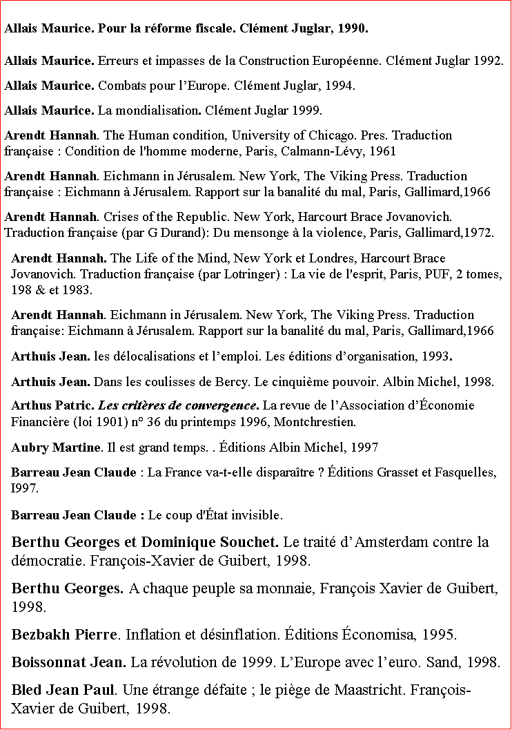 Zone de Texte: Allais Maurice. Pour la rforme fiscale. Clment Juglar, 1990.Allais Maurice. Erreurs et impasses de la Construction Europenne. Clment Juglar 1992.Allais Maurice. Combats pour lEurope. Clment Juglar, 1994.Allais Maurice. La mondialisation. Clment Juglar 1999. Arendt Hannah. The Human condition, University of Chicago. Pres. Traduction franaise : Condition de l'homme moderne, Paris, Calmann-Lvy, 1961Arendt Hannah. Eichmann in Jrusalem. New York, The Viking Press. Traduction franaise : Eichmann  Jrusalem. Rapport sur la banalit du mal, Paris, Gallimard,1966  Arendt Hannah. Crises of the Republic. New York, Harcourt Brace Jovanovich. Traduction franaise (par G Durand): Du mensonge  la violence, Paris, Gallimard,1972.  Arendt Hannah. The Life of the Mind, New York et Londres, Harcourt Brace  Jovanovich. Traduction franaise (par Lotringer) : La vie de l'esprit, Paris, PUF, 2 tomes, 198 & et 1983.Arendt Hannah. Eichmann in Jrusalem. New York, The Viking Press. Traduction franaise: Eichmann  Jrusalem. Rapport sur la banalit du mal, Paris, Gallimard,1966  Arthuis Jean. les dlocalisations et lemploi. Les ditions dorganisation, 1993.Arthuis Jean. Dans les coulisses de Bercy. Le cinquime pouvoir. Albin Michel, 1998.Arthus Patric. Les critres de convergence. La revue de lAssociation dconomie Financire (loi 1901) n 36 du printemps 1996, Montchrestien.Aubry Martine. Il est grand temps. . ditions Albin Michel, 1997Barreau Jean Claude : La France va-t-elle disparatre ? ditions Grasset et Fasquelles, I997.Barreau Jean Claude : Le coup d'tat invisible. Berthu Georges et Dominique Souchet. Le trait dAmsterdam contre la dmocratie. Franois-Xavier de Guibert, 1998.Berthu Georges. A chaque peuple sa monnaie, Franois Xavier de Guibert, 1998.Bezbakh Pierre. Inflation et dsinflation. ditions conomisa, 1995.Boissonnat Jean. La rvolution de 1999. LEurope avec leuro. Sand, 1998. Bled Jean Paul. Une trange dfaite ; le pige de Maastricht. Franois-Xavier de Guibert, 1998.