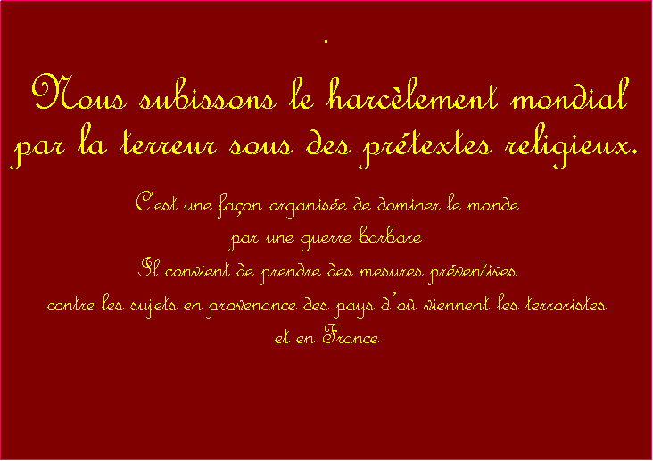 Zone de Texte: . Nous subissons le harclement mondialpar la terreur sous des prtextes religieux.Cest une faon organise de dominer le mondepar une guerre barbareIl convient de prendre des mesures prventives contre les sujets en provenance des pays do viennent les terroristes et en France  