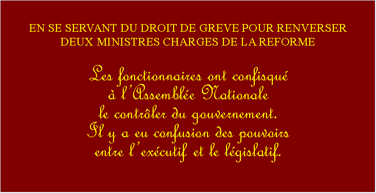 Zone de Texte:  EN SE SERVANT DU DROIT DE GREVE POUR RENVERSER DEUX MINISTRES CHARGES DE LA REFORME Les fonctionnaires ont confisqu  lAssemble Nationale le contrler du gouvernement.  Il y a eu confusion des pouvoirs entre lexcutif et le lgislatif.