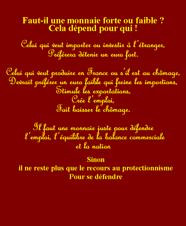 Zone de Texte: Faut-il une monnaie forte ou faible ?Cela dpend pour qui !Celui qui veut importer ou investir  ltranger, Prfrera dtenir un euro fort.  Celui qui veut produire en France ou sil est au chmage, Devrait prfrer un euro faible qui freine les importions, Stimule les exportations, Cre lemploi, Fait baisser le chmage. Il faut une monnaie juste pour dfendre lemploi, lquilibre de la balance commerciale et la nation Sinonil ne reste plus que le recours au protectionnismePour se dfendre