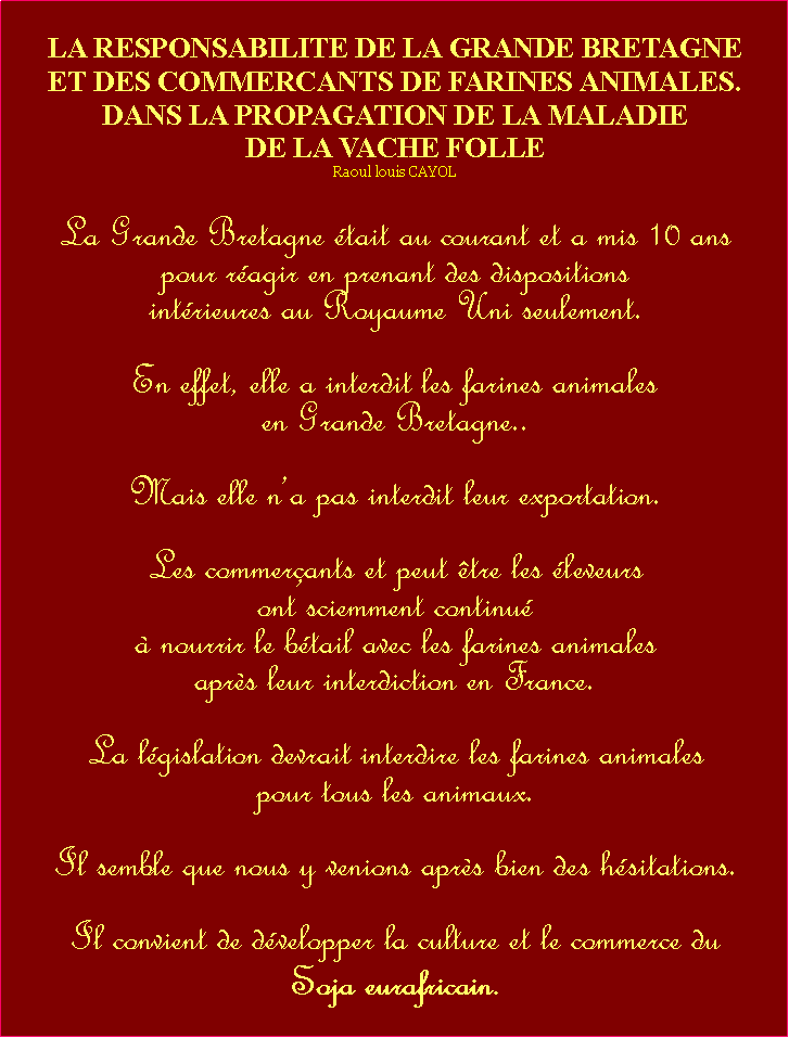 Zone de Texte: LA RESPONSABILITE DE LA GRANDE BRETAGNE ET DES COMMERCANTS DE FARINES ANIMALES.DANS LA PROPAGATION DE LA MALADIE DE LA VACHE FOLLERaoul louis CAYOLLa Grande Bretagne tait au courant et a mis 10 ans pour ragir en prenant des dispositions intrieures au Royaume Uni seulement.En effet, elle a interdit les farines animales en Grande Bretagne..Mais elle na pas interdit leur exportation.Les commerants et peut tre les leveurs ont sciemment continu  nourrir le btail avec les farines animales aprs leur interdiction en France.La lgislation devrait interdire les farines animales pour tous les animaux. Il semble que nous y venions aprs bien des hsitations.Il convient de dvelopper la culture et le commerce du Soja eurafricain. 