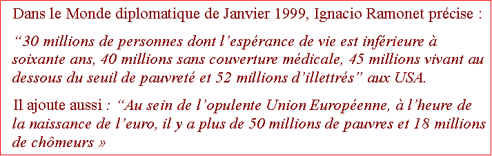 Zone de Texte: Dans le Monde diplomatique de Janvier 1999, Ignacio Ramonet prcise :30 millions de personnes dont lesprance de vie est infrieure  soixante ans, 40 millions sans couverture mdicale, 45 millions vivant au dessous du seuil de pauvret et 52 millions dillettrs aux USA.Il ajoute aussi : Au sein de lopulente Union Europenne,  lheure de la naissance de leuro, il y a plus de 50 millions de pauvres et 18 millions de chmeurs  