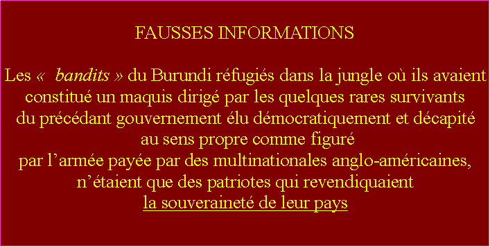 Zone de Texte: FAUSSES INFORMATIONSLes   bandits  du Burundi rfugis dans la jungle o ils avaient constitu un maquis dirig par les quelques rares survivants du prcdant gouvernement lu dmocratiquement et dcapit  au sens propre comme figur par larme paye par des multinationales anglo-amricaines, ntaient que des patriotes qui revendiquaient la souverainet de leur pays.