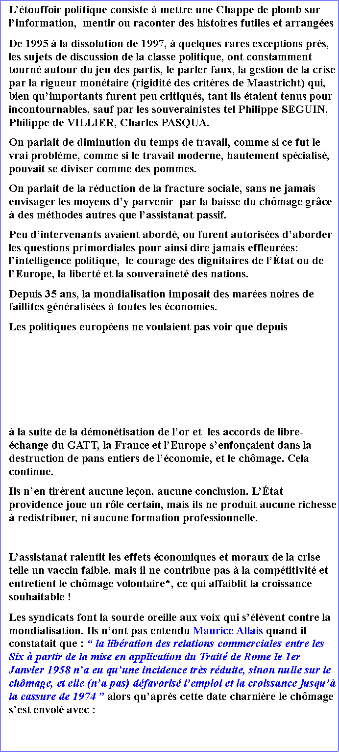 Zone de Texte: Ltouffoir politique consiste  mettre une Chappe de plomb sur linformation,  mentir ou raconter des histoires futiles et arrangesDe 1995  la dissolution de 1997,  quelques rares exceptions prs, les sujets de discussion de la classe politique, ont constamment tourn autour du jeu des partis, le parler faux, la gestion de la crise par la rigueur montaire (rigidit des critres de Maastricht) qui, bien quimportants furent peu critiqus, tant ils taient tenus pour incontournables, sauf par les souverainistes tel Philippe SEGUIN, Philippe de VILLIER, Charles PASQUA. On parlait de diminution du temps de travail, comme si ce fut le vrai problme, comme si le travail moderne, hautement spcialis, pouvait se diviser comme des pommes. On parlait de la rduction de la fracture sociale, sans ne jamais envisager les moyens dy parvenir  par la baisse du chmage grce  des mthodes autres que lassistanat passif. Peu dintervenants avaient abord, ou furent autorises daborder les questions primordiales pour ainsi dire jamais effleures: lintelligence politique,  le courage des dignitaires de ltat ou de lEurope, la libert et la souverainet des nations. Depuis 35 ans, la mondialisation imposait des mares noires de faillites gnralises  toutes les conomies. Les politiques europens ne voulaient pas voir que depuis  la suite de la dmontisation de lor et  les accords de libre-change du GATT, la France et lEurope senfonaient dans la destruction de pans entiers de lconomie, et le chmage. Cela continue. Ils nen tirrent aucune leon, aucune conclusion. Ltat providence joue un rle certain, mais ils ne produit aucune richesse  redistribuer, ni aucune formation professionnelle. Lassistanat ralentit les effets conomiques et moraux de la crise telle un vaccin faible, mais il ne contribue pas  la comptitivit et entretient le chmage volontaire*, ce qui affaiblit la croissance souhaitable !Les syndicats font la sourde oreille aux voix qui slvent contre la mondialisation. Ils nont pas entendu Maurice Allais quand il constatait que :  la libration des relations commerciales entre les Six  partir de la mise en application du Trait de Rome le 1er Janvier 1958 na eu quune incidence trs rduite, sinon nulle sur le chmage, et elle (na pas) dfavoris lemploi et la croissance jusqu la cassure de 1974  alors quaprs cette date charnire le chmage sest envol avec :