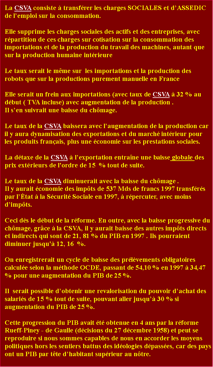 Zone de Texte: La CSVA consiste  transfrer les charges SOCIALES et dASSEDIC de lemploi sur la consommation. Elle supprime les charges sociales des actifs et des entreprises, avec rpartition de ces charges sur cotisation sur la consommation des importations et de la production du travail des machines, autant que sur la production humaine intrieureLe taux serait le mme sur  les importations et la production des robots que sur la productions purement manuelle en France Elle serait un frein aux importations (avec taux de CSVA  32 % au dbut ( TVA incluse) avec augmentation de la production . Il sen suivrait une baisse du chmage. Le taux de la CSVA baissera avec laugmentation de la production car il y aura dynamisation des exportations et du march intrieur pour les produits franais, plus une conomie sur les prestations sociales. La dtaxe de la CSVA  lexportation entrane une baisse globale des prix extrieurs de l'ordre de 15  % tout de suite.Le taux de la CSVA diminuerait avec la baisse du chmage . Il y aurait conomie des impts de 537 Mds de francs 1997 transfrs  par ltat  la Scurit Sociale en 1997,  rpercuter, avec moins dimpts.Ceci ds le dbut de la rforme. En outre, avec la baisse progressive du chmage, grce  la CSVA, il y aurait baisse des autres impts directs et indirects qui sont de 21, 81 % du PIB en 1997 . Ils pourraient diminuer jusqu' 12, 16  %. On enregistrerait un cycle de baisse des prlvements obligatoires calcule selon la mthode OCDE, passant de 54,10 % en 1997  34,47 % pour une augmentation du PIB de 25 %. Il  serait possible dobtenir une revalorisation du pouvoir dachat des salaris de 15 % tout de suite, pouvant aller jusqu 30 % si augmentation du PIB de 25 %. Cette progression du PIB avait t obtenue en 4 ans par la rforme Rueff-Piney - de Gaulle (dcisions du 27 dcembre 1958) et peut se reproduire si nous sommes capables de nous en accorder les moyens politiques hors les sentiers battus des idologies dpasses, car des pays ont un PIB par tte dhabitant suprieur au ntre.