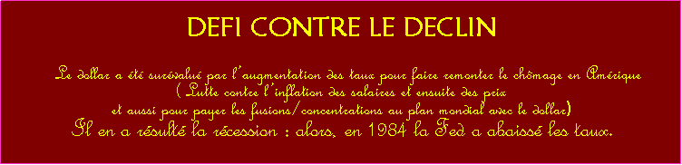 Zone de Texte: DEFI CONTRE LE DECLIN  Le dollar a t survalu par laugmentation des taux pour faire remonter le chmage en Amrique( Lutte contre linflation des salaires et ensuite des prix et aussi pour payer les fusions/concentrations au plan mondial avec le dollar) Il en a rsult la rcession : alors, en 1984 la Fed a abaiss les taux. 